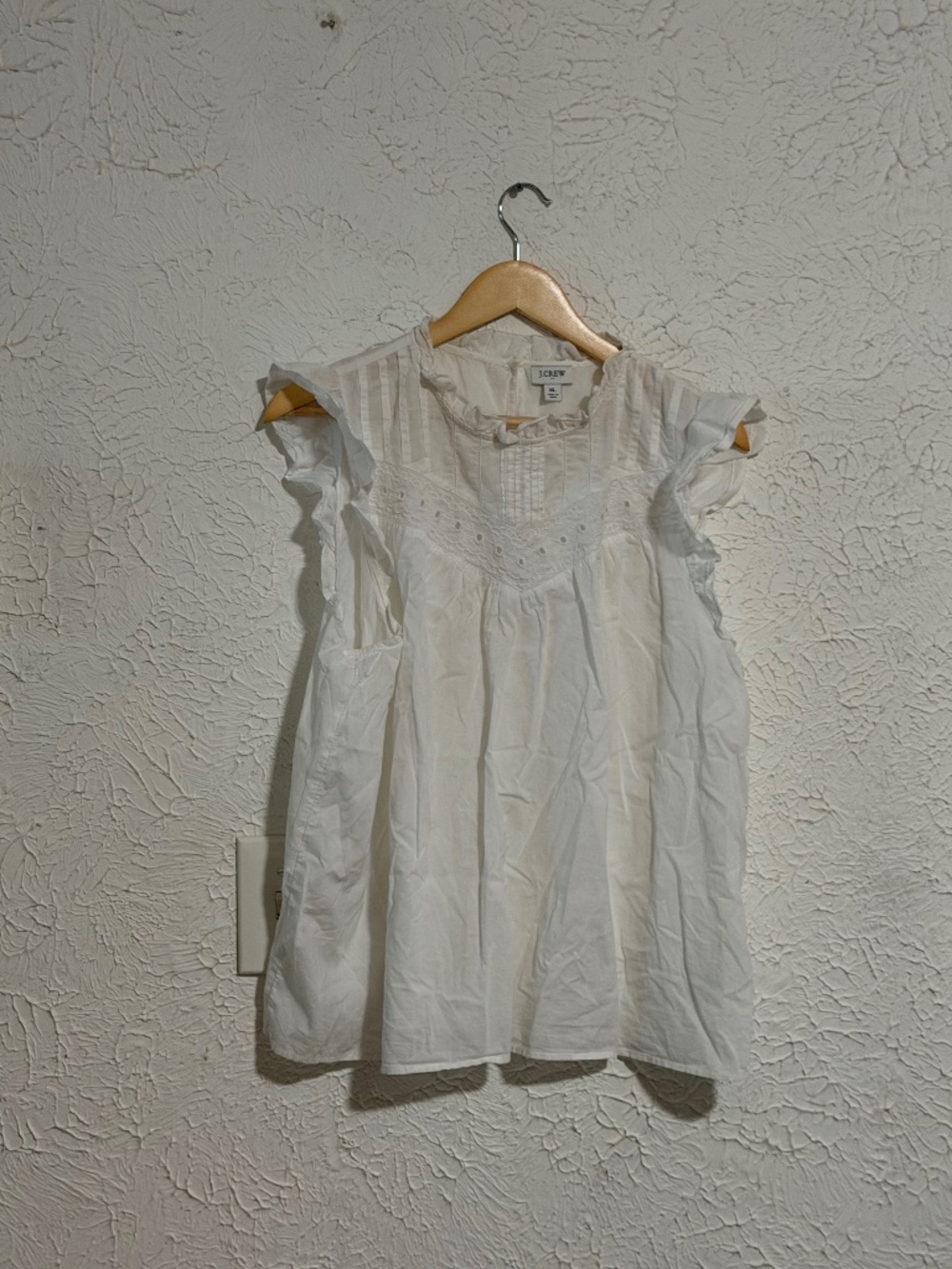 J.Crew White Cotton Pintuck Flutter Sleeve Blouse XL Flaw